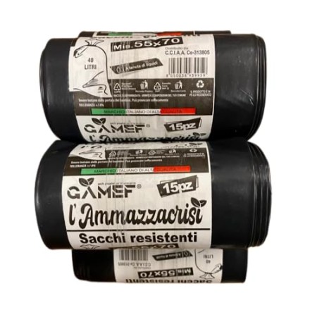 60 SACCHI (4 ROTOLI) SUPER RESISTENTI NERI 55X70 40 LITRI A TENUTA DI LIQUIDI GAMEF 5980