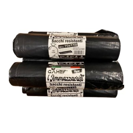 40 SACCHI (5 ROTOLI) RESISTENTI NERI 70X110 PER RIFIUTI GAMEF A TENUTA DI LIQUIDI 5981 PER IMMONDIZIA 110 LITRI