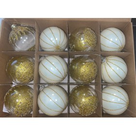 SET 12 PALLE / SFERE NATALIZIE DA 10CM BIANCA CON GLITTER E ORO GLITTERATA SET 12 PALLE / SFERE NATALIZIE DA 10CM BIANCA CON GLITTER E ORO GLITTERATA