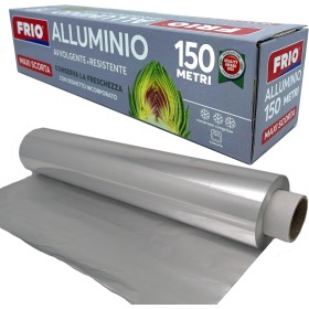 FRIO ALLUMINIO ROTOLO PER ALIMENTI CON SEGHETTO INCORPORATO CARTA ARGENTATA 150 METRI FRIO ALLUMINIO ROTOLO PER ALIMENTI CON SEGHETTO INCORPORATO CARTA ARGENTATA 150 METRI