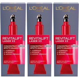 3 FLACONI L'ORÉAL PARIS A9200804 CONTORNO OCCHI REVITALIFT LASER X3, AZIONE ANTIRUGHE ANTI-ETÀ CON ACIDO IALURONICO E PRO-XYLANE, 15 ML