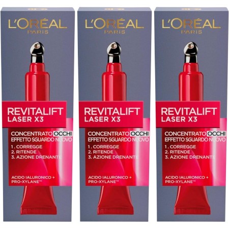 3 FLACONI L'ORÉAL PARIS A9200804 CONTORNO OCCHI REVITALIFT LASER X3, AZIONE ANTIRUGHE ANTI-ETÀ CON ACIDO IALURONICO E PRO-XYLANE, 15 ML